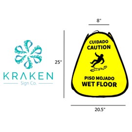 Kraken Sign Co - EXTRA LARGE Pop-up Sign, Yellow 4-Sided English/Spanish Warning, Pop-up Caution Wet Floor Sign 25 inch for Restaurant, Commercial and Industrial Safety