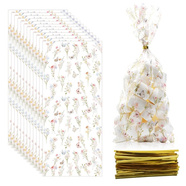 CEMECER 100PCS Wildflower Party Cellophane Treat Bags, 11 x 5
