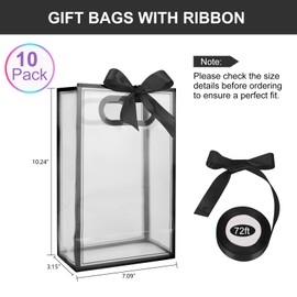 10 Pack Clear Gift Bags with Handles Reusable Transparent Gift Bags with Ribbon Plastic Gift Wrap Tote Bag for Party Favor Christmas Wedding Birthday Thanksgiving Baby Shower Bridal Party