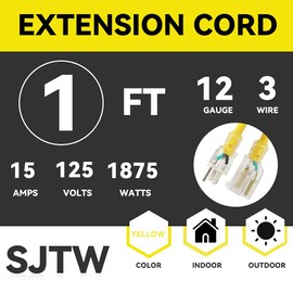 EP 1 ft Lighted Extension Cord - 12/3 SJTW Heavy Duty Yellow Extension Cable with 3 Prong Grounded Plug - 15AMP Power Cord for Lawn, Garden, Appliances