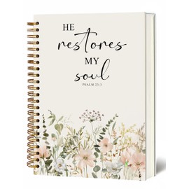 Bible Notebook, A5 Spiral Christian Journal with Floral Notebook, Bible Verse-He Restores My Soul, Inspirational Notebooks for Women, Bible Study, Gift for Birthday Christmas, Office Supplies (White)