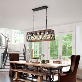 KEESFU 5-Light Dining Room Light Fixture, Farmhouse Kitchen Island Lighting,Adjustable Height Pendant Light, Rustic Linear Chandelier for Kitchen, Dining Room Table, Pool Table. (Wood Grain Color)