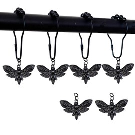 Moth Shower Curtain Hooks,12 Pcs Black Death Moth Skull Shower Curtain Rings Rustproof Metal Halloween Party Gothic Style Insect Theme Bathroom Decor(Black)