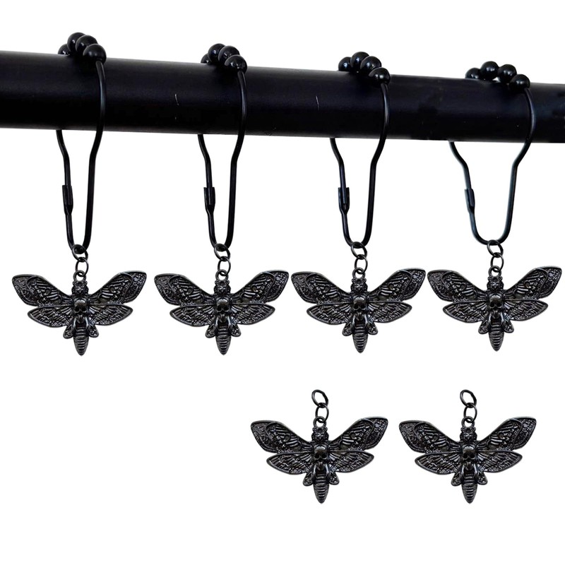 Moth Shower Curtain Hooks,12 Pcs Black Death Moth Skull Shower