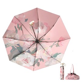 Anopo Small Umbrella for Rain and Sun Pocket Umbrella Storm Proof for Women with 8 Ribs Flower Foldable Umbrella UV Protection with Organiser Bag, Pink Peony