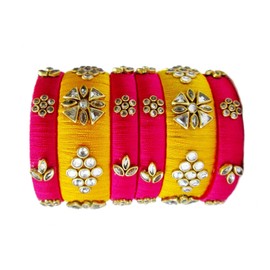 GOELX Silk Thread Bangles Designer Beautiiful Kundan Bangle Set - Rani Pink and Yellow