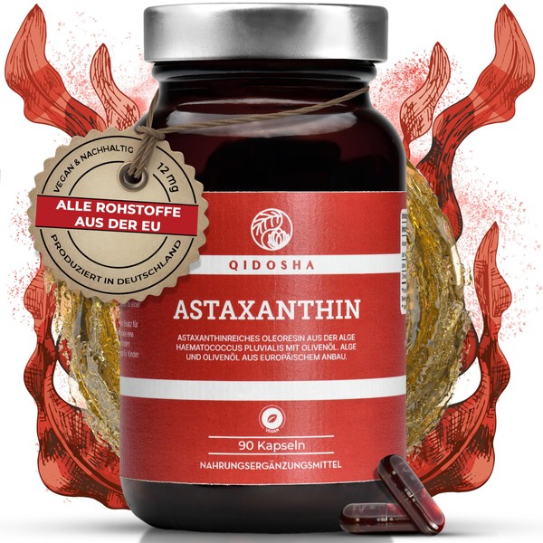 QIDOSHA® Astaxanthin High Dose from Portugal, 12 mg Pure Astaxanthin per Capsule Plus Olive Oil, Pack of 90 in Pharmacy Glass, 100% Vegan, German Production, Astaxanthin 12 mg from Portuguese Algae