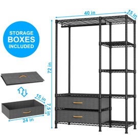 Ulif F3 Heavy Duty Clothes Rack（With Fabric Drawers）Freestanding Clothing Racks for Hanging Clothes，Adjustable Closet Organizer System，Portable Garment Rack 40" W x 15" D x 72" H，Max Load 700LBS，Black