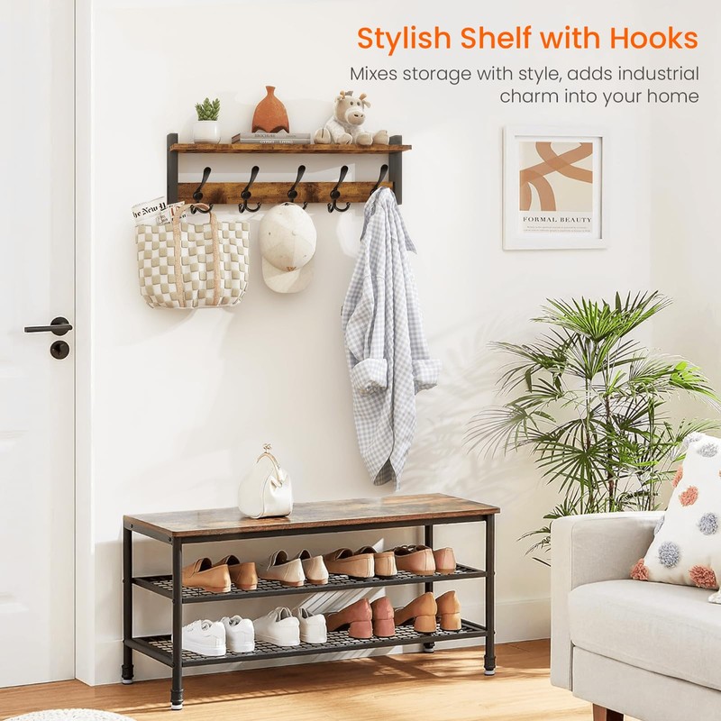 Homode Rustic Brown Wall Mount Coat Rack with Shelf and