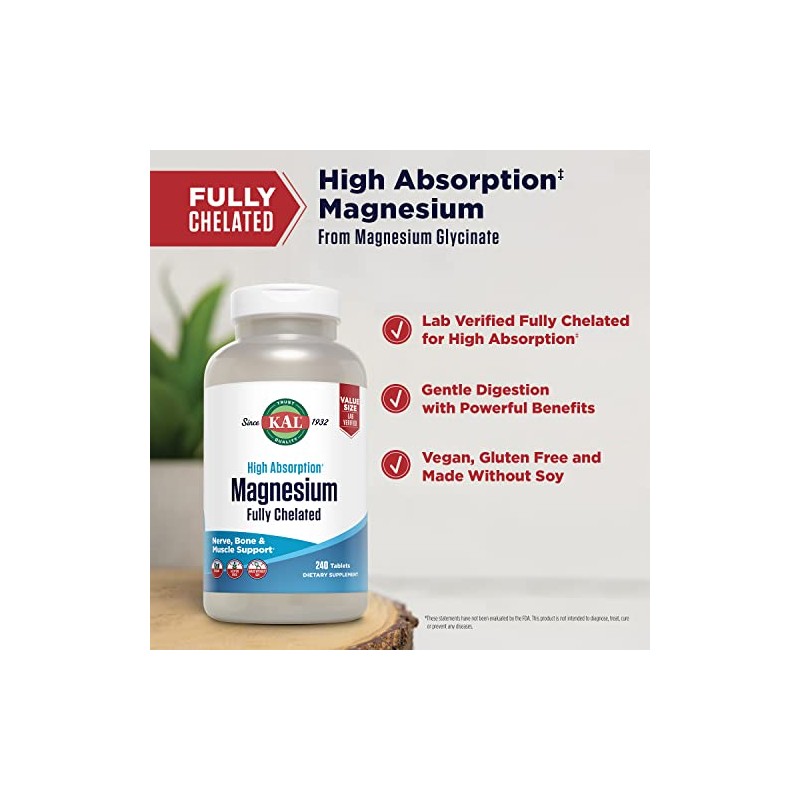 KAL Magnesium Glycinate Tablets, Fully Chelated, High Absorption Formula with