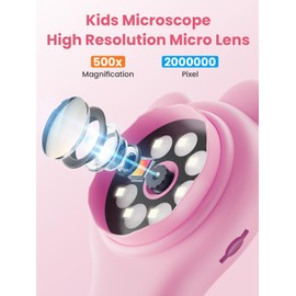 Vorth Microscope for Kids, 2 Inch Digital Microscope with 500X Magnification, 4× Zoom Handheld Camera Mini Pocket Magnifying Glass, Educational Science Toys for Ages 3+, Pink