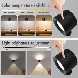Gugwey LED Magnetic Wall Sconce Lights Night Lights, 3 Color Temperatures & Dimmable,360° Rotation Cordless Wall Mount Lamp with Remote for Bedroom Reading Study Bedside (Black 1 Pack)