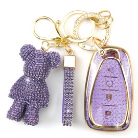 Rayslesan Cute Key Fob Cover with Rhinestone Bear Charm, Bling TPU Smart Key Case for Women, Compatible with Chevy Trailblazer Blazer Camaro Cruze Traverse ChevroletMalibu (4-Button, Gold Purple)