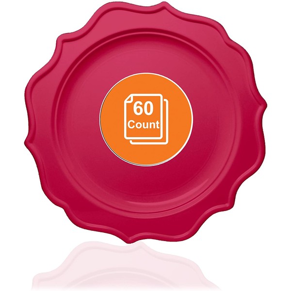 Tiger Chef 60-Count, 8-inch Fuchsia Color Round Scalloped Rim Disposable Plastic Plate Set Includes 60 Plastic Salad Plates - BPA-Free