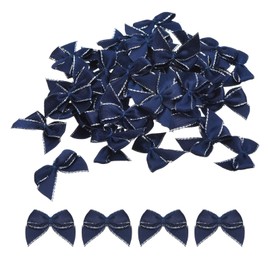 sourcing map 100Pcs Mini Metallic Edge Ribbon Bow 1" Satin Ribbon Flower Bows Soft for Craft DIY Hair Bow Sewing Wedding Birthday Party Silver Edge Navy Blue