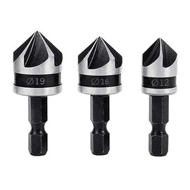 Teocpai 3Pcs Countersink Drill Bits 5 Flute 90 Degree Chamfering Countersink Drill Bit Set with 1/4'' Hex Shank Woodworking Chamfer Drilling Tool Carbon Steel 12mm/16mm/19mm