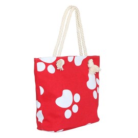 Premium Dog Cat Puppy Kitty Animal Paws Print Canvas Tote Shoulder Bag Handbag, Red, One Size