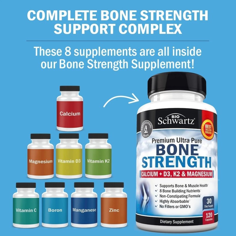 Bone Strength Calcium Supplement w/ Calcium, Vitamin D3, K2, C,