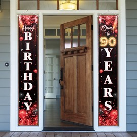 Happy 90th Birthday Porch Sign Door Banner Decor Red and Black – Glitter Cheers to 90 Years Old Birthday Party Theme Decorations for Men Women Supplies
