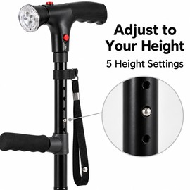 Folding Walking Cane with LED Light & Alarm – Adjustable 33.9–38.2 in, 4-Foot Base & Side Handle
