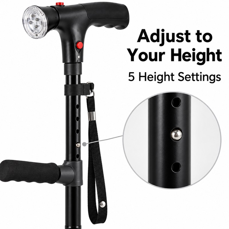 Folding Walking Cane with LED Light & Alarm – Adjustable