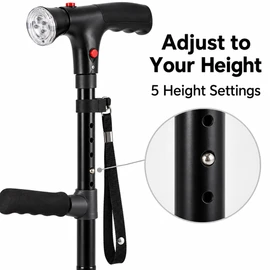 Folding Walking Cane with LED Light & Alarm – Adjustable 33.9–38.2 in, 4-Foot Base & Side Handle