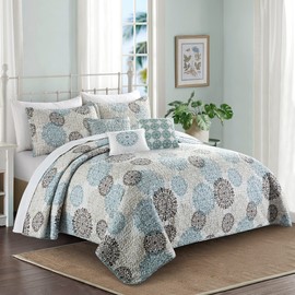 Home Soft Things 6 Piece Marina Medallion Printed Microfiber Quilts Coverlet Set King 102" x 90", Cameo Blue (Beige Brown Blue), Soft Lightweight Reversible Bedspread Bedding Set for All Season
