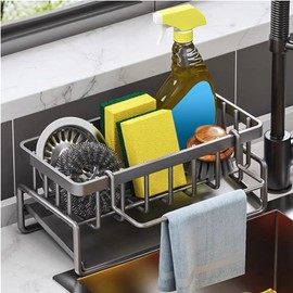 Slim Kitchen Sink Organiser, Durable Kitchen Organiser, Stainless Steel, Removable Dish Cloth Holder, Sink Organiser, Sink Organiser with Drip Tray, Black Kitchen Sponge Holder for Cloths (Grey)