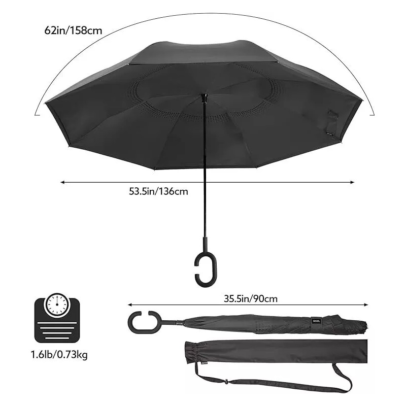 Kona Large Inverted Reverse Umbrella with C-Shaped Handle, Windproof Double
