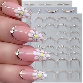 JFIYUOMCI 5D Embossed French Tip Nail Stickers with Rhinestones Crystal, French Manicure Strips - (Straight, Smile Line), Self-Adhesive Rose Gold Nail Art Stickers Decals for Women Girls - 3 Sheets