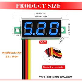 YIXISI 5 PCS DC 0-100V Gauge Tester 0.28", 3 Wires Mini Digital LED Voltmeter Display with Reverse Polarity Protection and Accurate Pressure Measurement Voltage Tester (Blue)