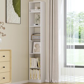 Hzuaneri Bookcase, Tall Narrow Bookshelf, Open Display Storage Shelf, Skinny Cube Book Shelf with Adjustable Shelves, CD Rack for Living Room, Home Office, Bedroom, 6 Tiers, White BC09603X