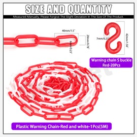 Swpeet 21Pcs 5M x 6mm Plastic Barrier Chain Red White Plastic Safety Chain Plastic Chain Links with S- Hooks Plastic Chain Barrier Safety Barrier Chain for Fence, Parking, Crowd Control, Queue Line