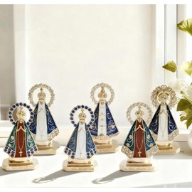 6 PCS Nossa Senhora Aparecida Miniature Golden Statues Enamel Glaze with Sticky Pad, Little Virgin Mary Figurines with Acrylic Box Virgen de Guadalupe Figurine for Car Dashboard Catholic Gift