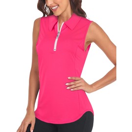 Sleeveless Tops for Women Sun Protection Golf Shirts 1/4 Zip Up Stretchy Quick Dry Collared Workout Tanks for Running, Climbing, Hiking, Working, Daily. Neon Pink, Small