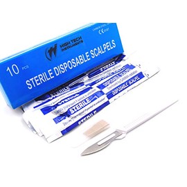 Disposable Scalpels High-Carbon Steel Blades, Plastic Graduated Handle, Sterile, Individually Foil Wrapped, Box of 10 (Disposable Scalpel #24)