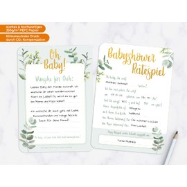CreativeRobin Baby Shower Game with Baby Quiz & Wishes | 25 Cards | Ideal Baby Shower Gift | Eucalyptus & Gold
