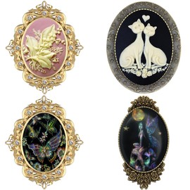 Floral Pin Brooch Antique Brass Flower Decor Fashion Cameo Jewelry Pouch for Gift (4pc Brooches)