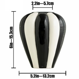 Black and White Striped Ceramic Vase, 6-inch Nordic Minimalist Glazed Pumpkin Vases with Big Belly and Delicate Stripes,Suitable for Windowsills Living Rooms Kitchens and Wine Cabinets