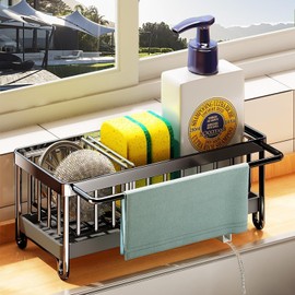 Porta Esponja Fregadero, Soporte de Esponja para Fregadero de Cocina, Aceros Inoxidables Organizador para Fregadero de Cocina con Caño Giratorio para Jabón y Cepillo,Negro