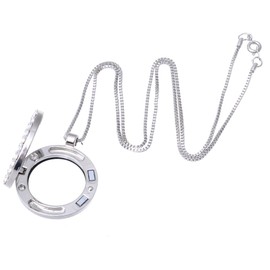 RUBYCA Living Memory Floating Charm Round Glass Locket Pendant Necklace 20 Inches 5pcs Silver Tone White Crystal