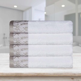 Superior Cotton Bath Towels (Set of 4), Floral Jacquard Dobby Border, Body Towel for Bathroom, Guest Bath, Spa, Resort, Hotel, Airbnb, Home Essentials, Adult and Kids, Wisteria Collection, White