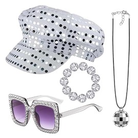 4Pcs Abba Accessories Sequin Hat Abba Fancy Dress Costume 70s Disco Fancy Dress Accessories Women Glitter Hat Sunglasses Electroplated Ball Bracelet Necklace for Birthday Dance Disco Party Outfits