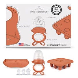 Moss and Fawn Little Explorer Kit - Kit de paletas de leche materna congelada de silicona con alimentador de forraje, bandeja de cubitos de hielo de paleta de dentición, y babero de alimentación para