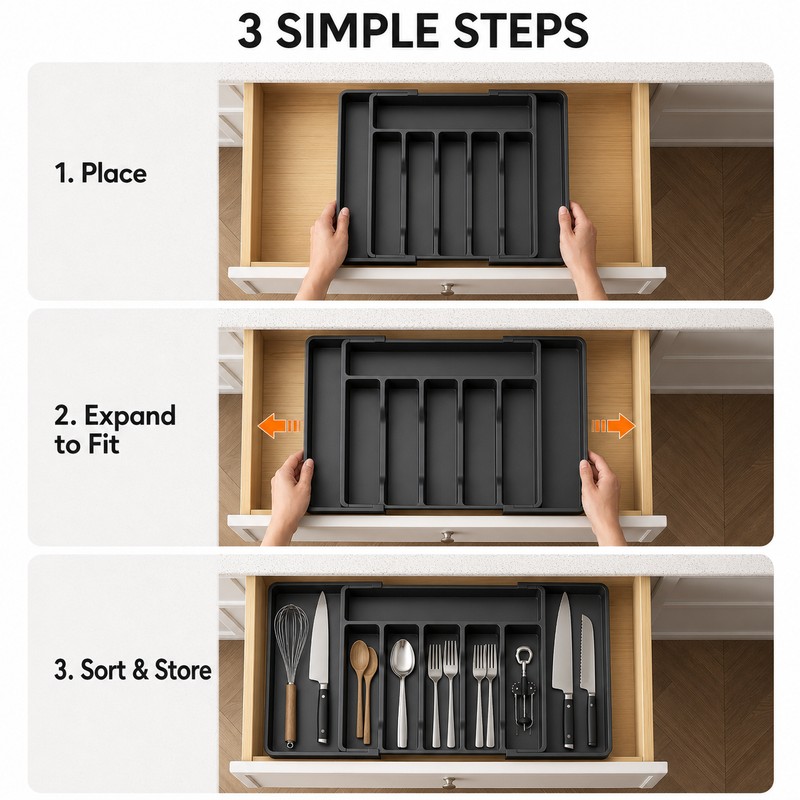 Expandable Silverware Drawer Organizer Tray, BPA-Free PP