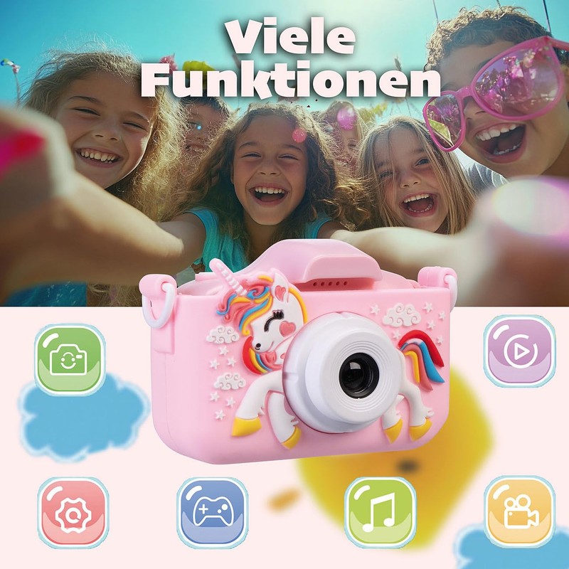 Playtastic Selfie-Kinderkamera, 2''-IPS-Display, 1080p, USB-C, rosa Einhorn-Hülle