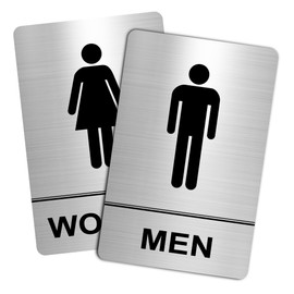Restroom Sign - (2 Pack ) Metal Restroom Signs for Business with Strong Self-Adhesive, Bathroom Signs for Home Door or Wall, Ideal Unisex Restroom Signs for Women and Men, Easy to Install (Brushed Nickel Women and Men 9" x 6")