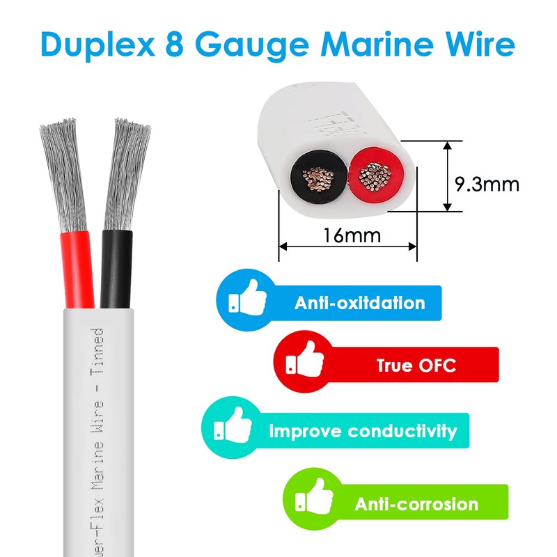 Kimbluth 8 Gauge Duplex Marine Wire Tinned Copper Boat Cable,