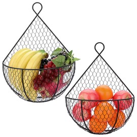 BSTKEY Set of 2,Wall-Mounted Hanging Metal Fruit Vegetable Baskets Hanging Produce Bins for Flowers, Decorations,Veggies,Decorations and More, Black