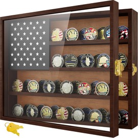 Military Challenge Coin Display Case 16 x 12 in, Wooden American Flag Shadow Box with Anti-Dust UHD Acrylic Door, Gold-Antitheft Lock & Wall Mount, Gift for Collectors (Charcoal Brown Large)